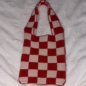 Red and Cream Crochet Checkered Tote Bag